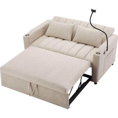 55.9" Convertible Sofa Bed Loveseat Sofa with Three USB Ports, Two Side Pockets, Two Cup Holders and 360Swivel Phone Holder for Living Room, Beige