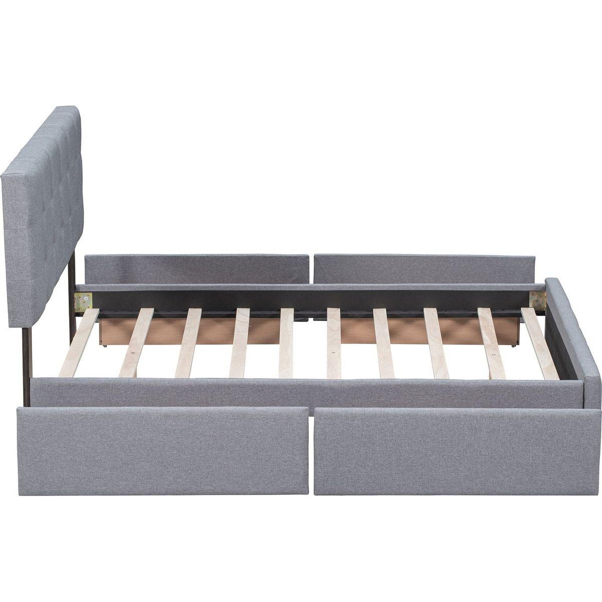 Upholstered Platform Bed with Classic Headboard and 4 Drawers, No Box Spring Needed, Linen Fabric, Queen Size Light Gray