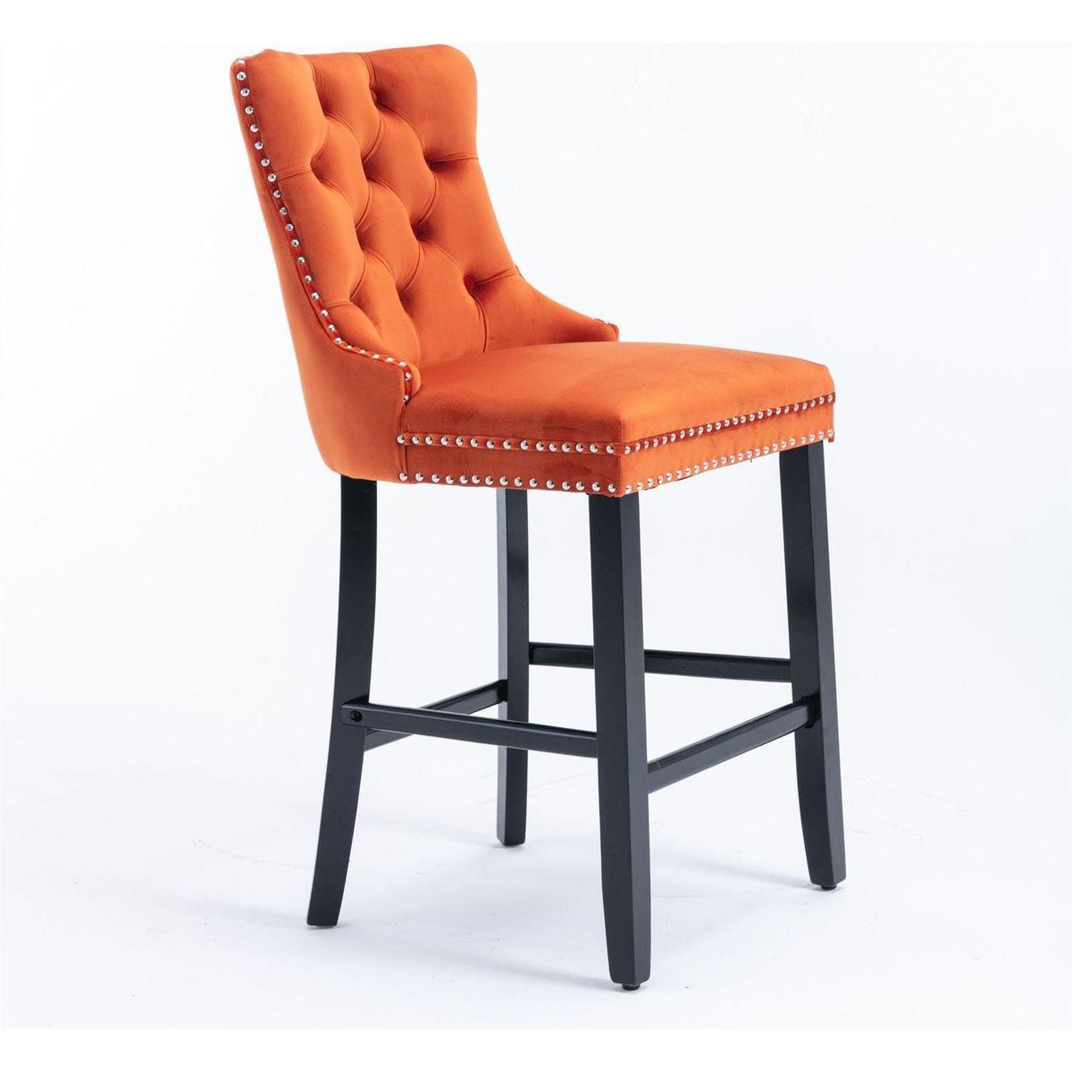 Contemporary Velvet Upholstered Barstools with Button Tufted Decoration and Wooden Legs, and Chrome Nailhead Trim, Leisure Style Bar Chairs,Bar stools, Set of 2 (Orange)