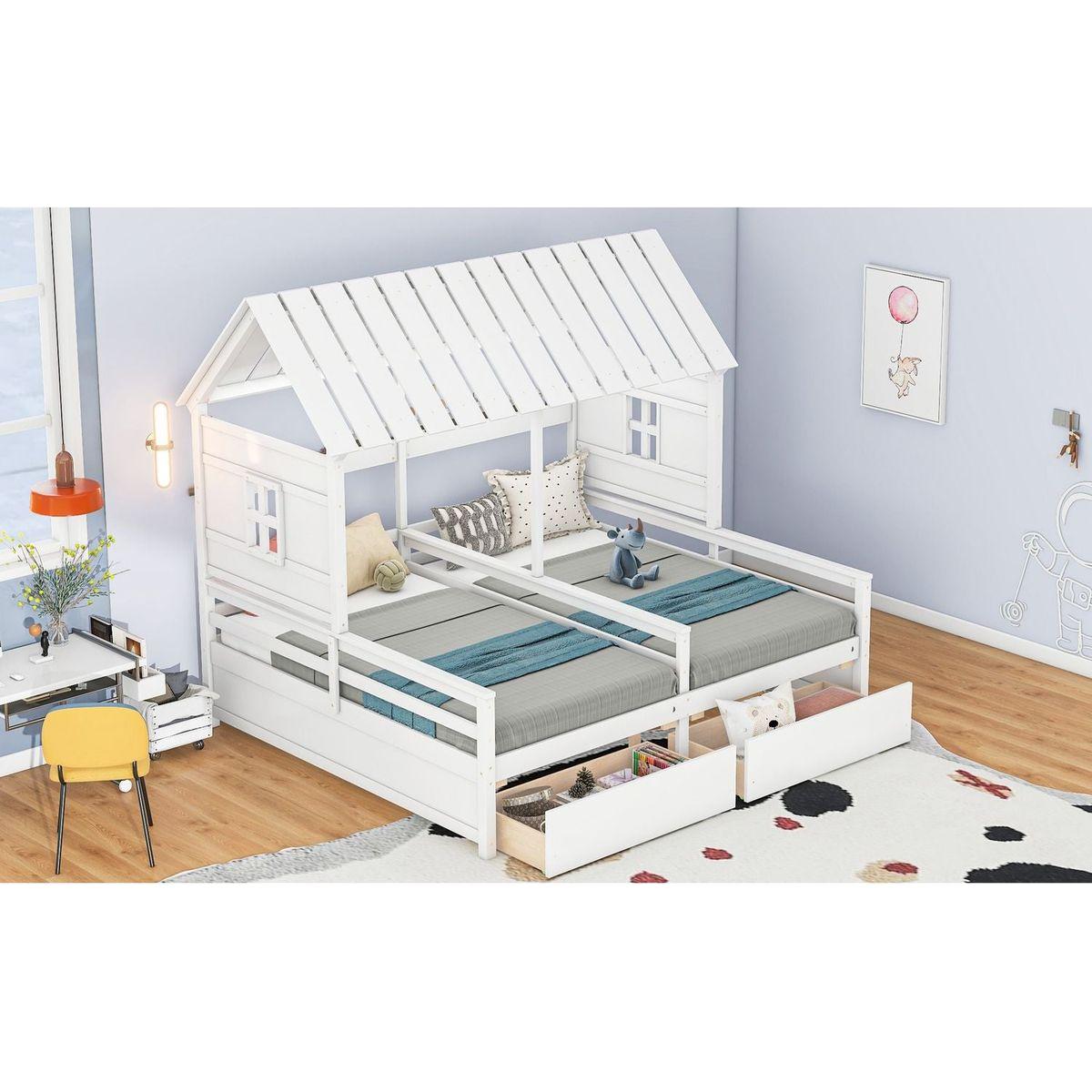 Twin Size House Platform Beds with Two Drawers for Boy and Girl Shared Beds, Combination of 2 Side by Side Twin Size Beds,White