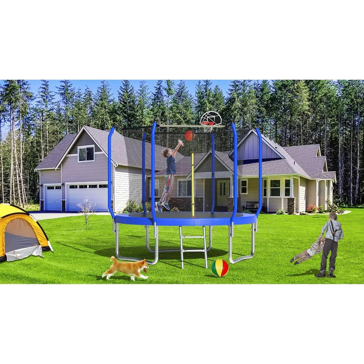 10FT Trampoline with Basketball Hoop, ASTM Approved Reinforced Type Outdoor Trampoline with Enclosure Net