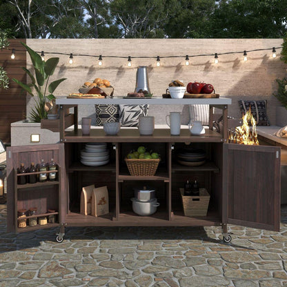 Outdoor Kitchen Island, Rolling Bar Cart & Storage Cabinet, Farmhouse Solid Wood Outdoor Grill Table with Stainless Steel Top, Spice Rack, Towel Rack for Kitchen & Barbecue, Dark Brown