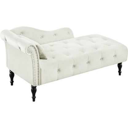 60.6" Velvet Chaise Lounge Buttons Tufted Nailhead Trimmed Solid Wood Legs with 1 Pillow,White (Left Arm Design as Shown in the Picture)
