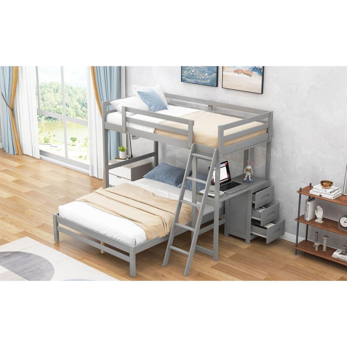 Twin over Full Bunk Bed with Built-in Desk and Three Drawers,Grey