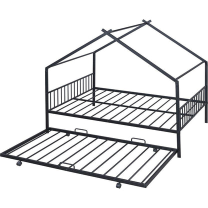Full Size Metal House Bed with Twin Size Trundle, Black