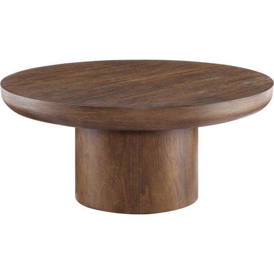 35.98inch Round Coffee Table with Cylindrical Leg,Wood Veneer Tabletop Table,Rounded Sofa Side Table for living Room Office,Brown