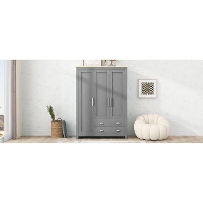 Three Door Storage Wardrobe with Cabinets and Two Hanging Rods,Gray