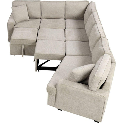 126" L-shaped Sofa Sectional Sofa Couch Pull-out Sofa Bed with Charging Devices and Cup Holders for Living Room, Beige