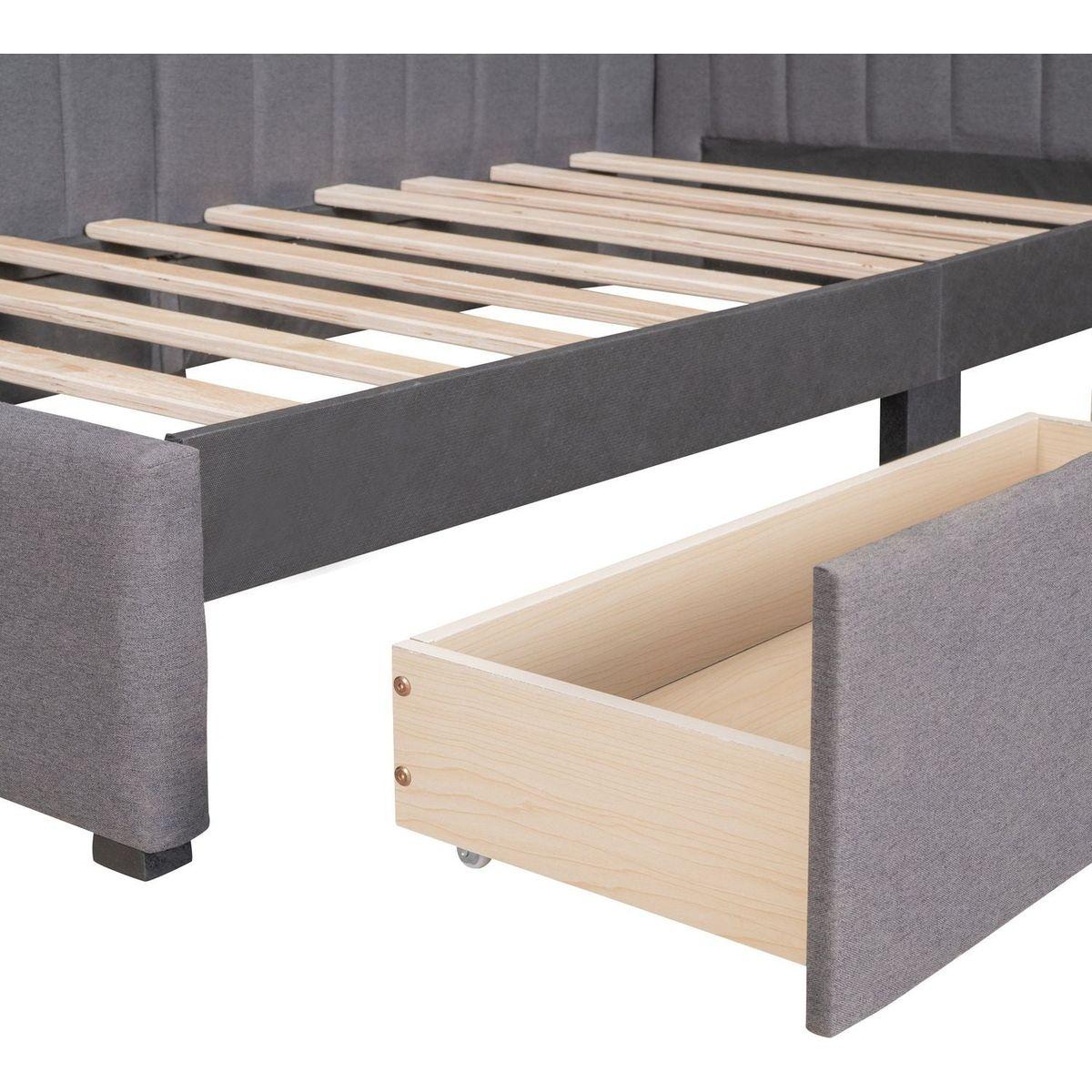 Upholstered Daybed with 2 Storage Drawers Twin Size Sofa Bed Frame No Box Spring Needed, Linen Fabric (Gray)