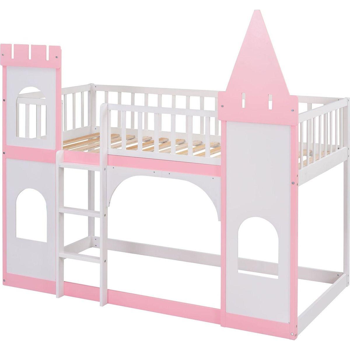Twin Over Twin Castle Bunk Bed with Ladder - Pink