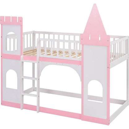 Twin Over Twin Castle Bunk Bed with Ladder - Pink