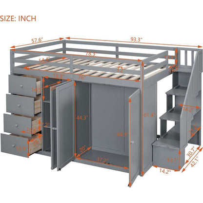 Full Size Wood Loft Bed With Built-in Wardrobes, Cabinets and Drawers, Gray
