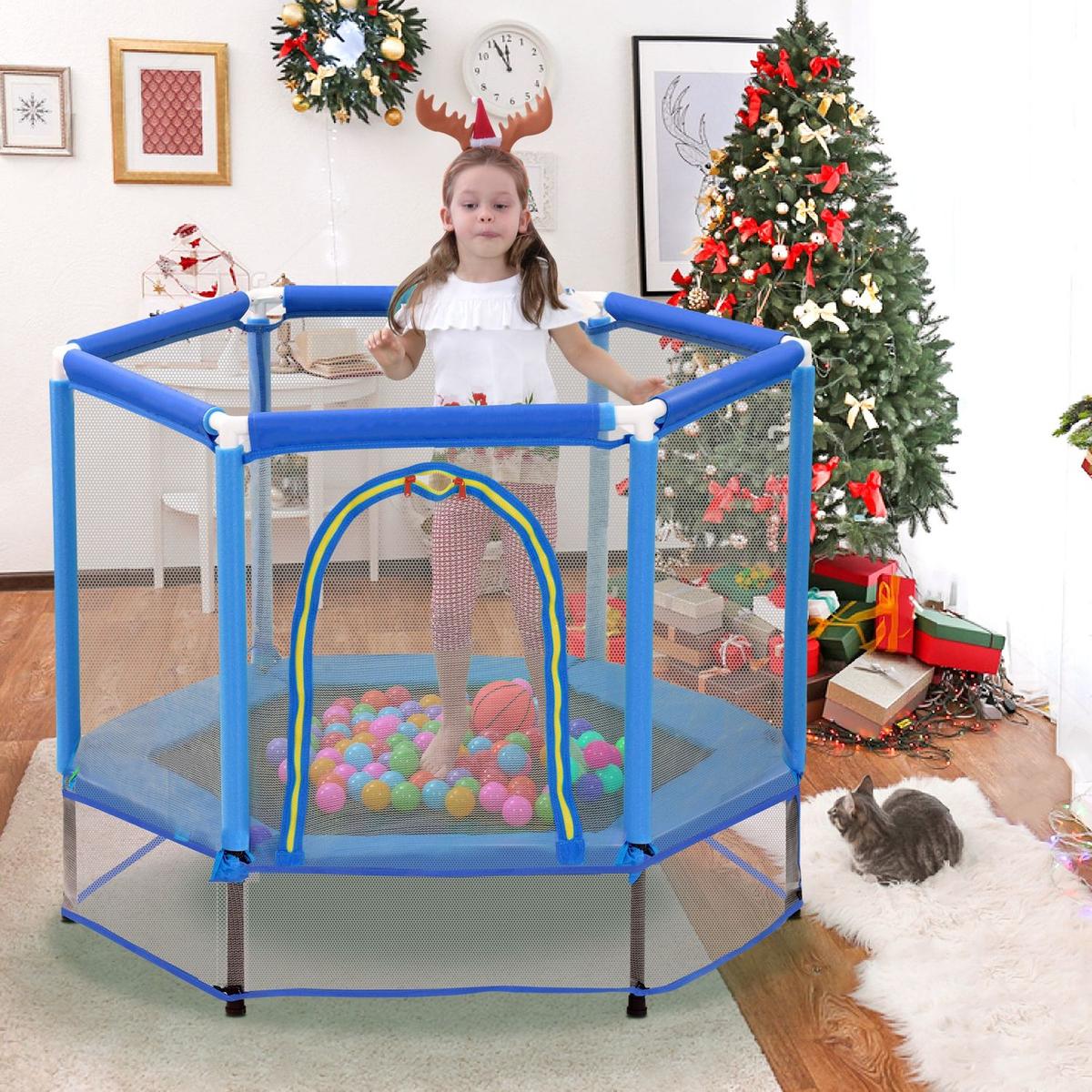 55" Toddlers Trampoline with Safety Enclosure Net and Balls, Indoor Outdoor Mini Trampoline for Kids