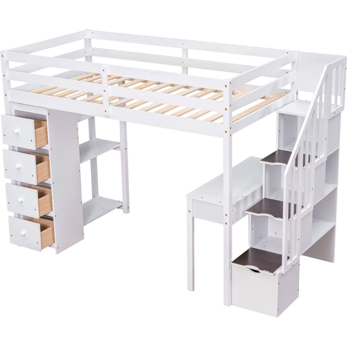 Twin size Loft Bed with Storage Drawers, Desk and Stairs, Wooden Loft Bed with Shelves - White