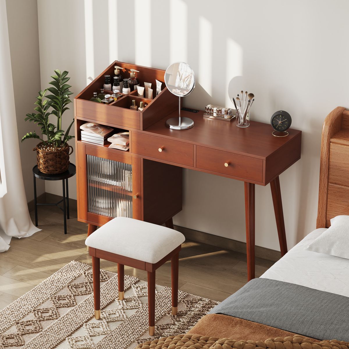 Modern Makeup Vanity Desk with Drawers, Cabinet & Charging Port, Space-saving Dressing Table Set with Stool for Small Places, Walnut