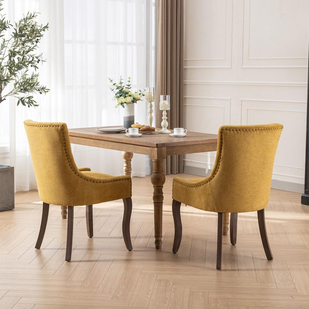 Ultra Side Dining Chair,Thickened fabric chairs with neutrally toned solid wood legs,Bronze nail head,Set of 2,Golden Yellow