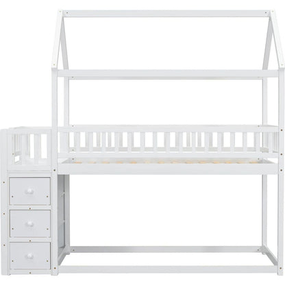 TWIN/TWIN HOUSE BUNK BED WITH SHELVES AND DRAWERS FOR WHITE COLOR