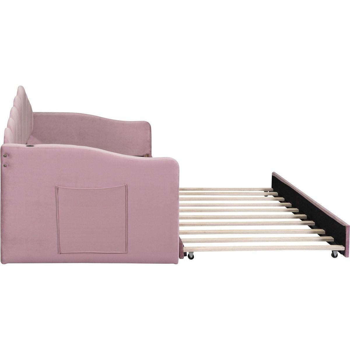 Twin size Upholstered Daybed with Trundle, Velvet Sofabed with USB Charging Ports,No Box-spring Needed,Pink