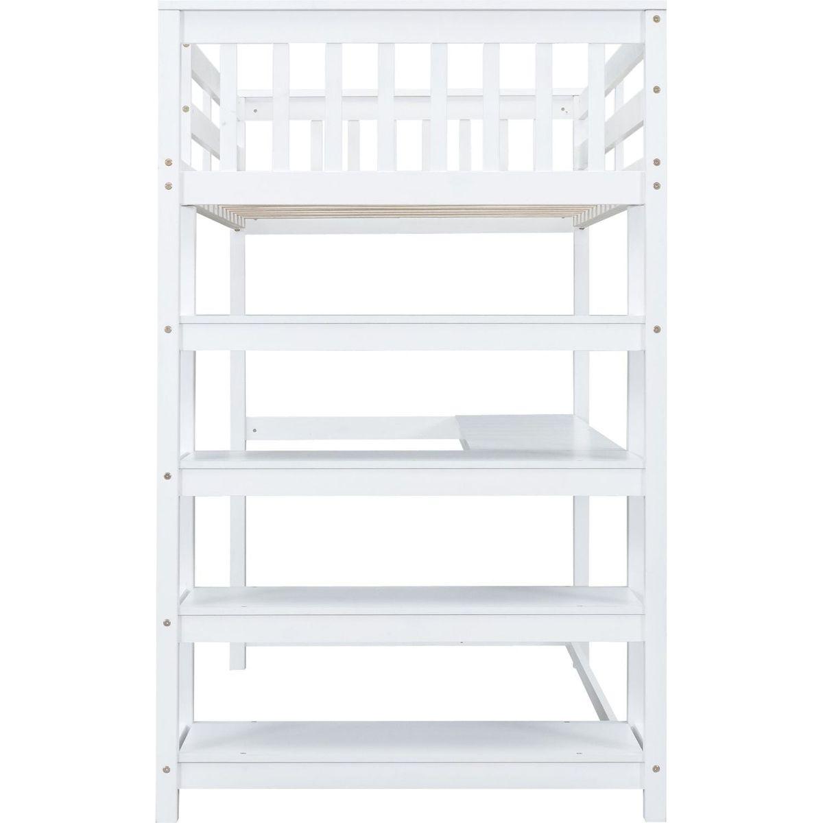 Twin Size Loft Bed with Storage Shelves and Under-bed Desk, White