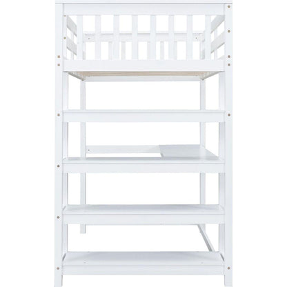 Twin Size Loft Bed with Storage Shelves and Under-bed Desk, White