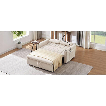 55.9" Convertible Sofa Bed Loveseat Sofa with Three USB Ports, Two Side Pockets, Two Cup Holders and 360Swivel Phone Holder for Living Room, Beige