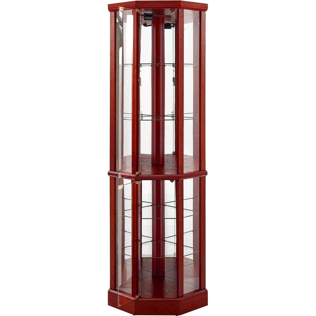 6 Shelf Lighted Corner Curio Cabinet with Adjustable Tempered Glass Shelves and Mirror Back, Cherry