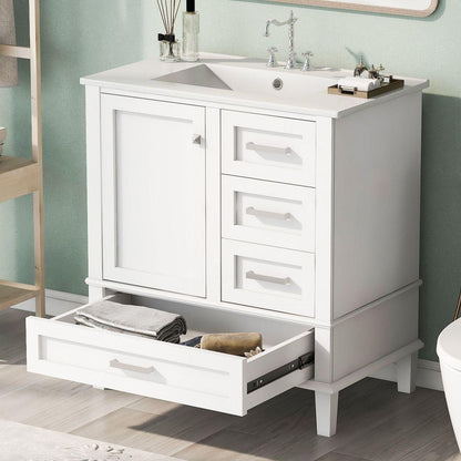 30" Bathroom Vanity, Modern Bathroom Cabinet with Sink Combo Set, Bathroom Storage Cabinet with a Soft Closing Door and 3 Drawers, Solid Wood Frame(White)