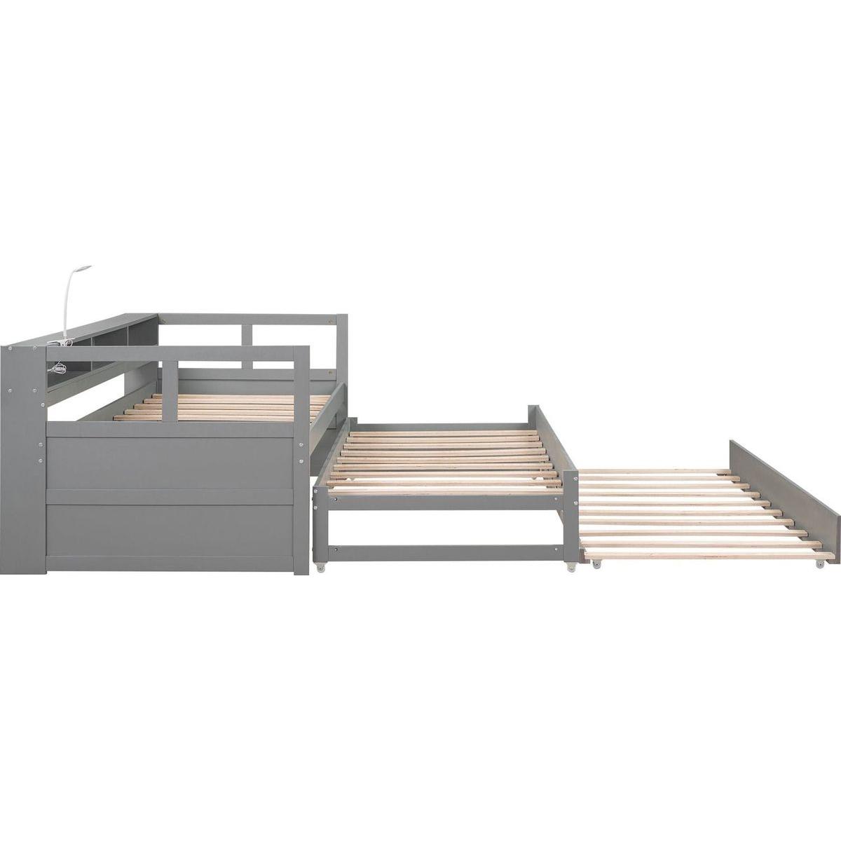 Twin XL Wood Daybed with 2 Trundles, 3 Storage Cubbies, 1 Light for Free and USB Charging Design, Gray