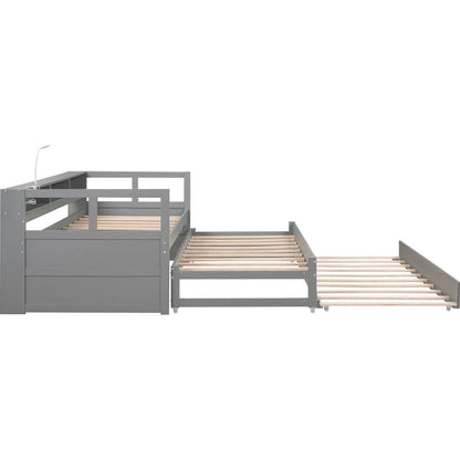 Twin XL Wood Daybed with 2 Trundles, 3 Storage Cubbies, 1 Light for Free and USB Charging Design, Gray