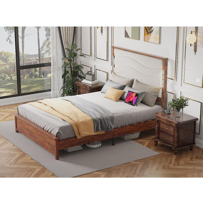 King Size Bed Frame with Upholstered Headboard, King Bed Frame with Charging Station and LED Lights, Wood Slats, Dark Gray Linen, No Box Spring Needed, Easy Assembly