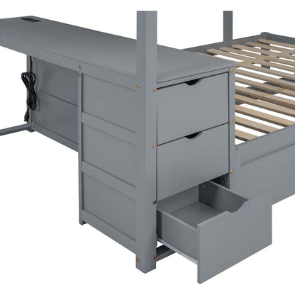 Full-Over-Full Bunk Bed with Twin size Trundle, Storage and Desk, Gray
