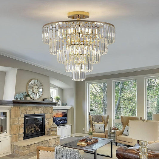 Gold Crystal Chandeliers,5-Tier Round Semi Flush Mount Chandelier Light Fixture,Large Contemporary Luxury Ceiling