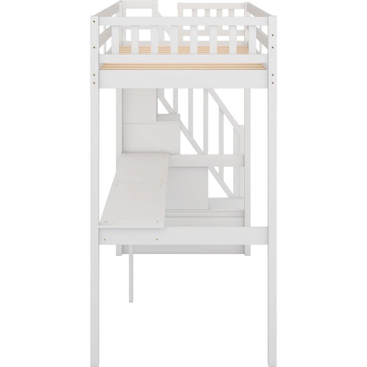 Twin Size Loft Bed with Storage Staircase and Built-in Desk, White