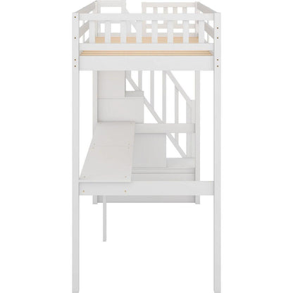 Twin Size Loft Bed with Storage Staircase and Built-in Desk, White