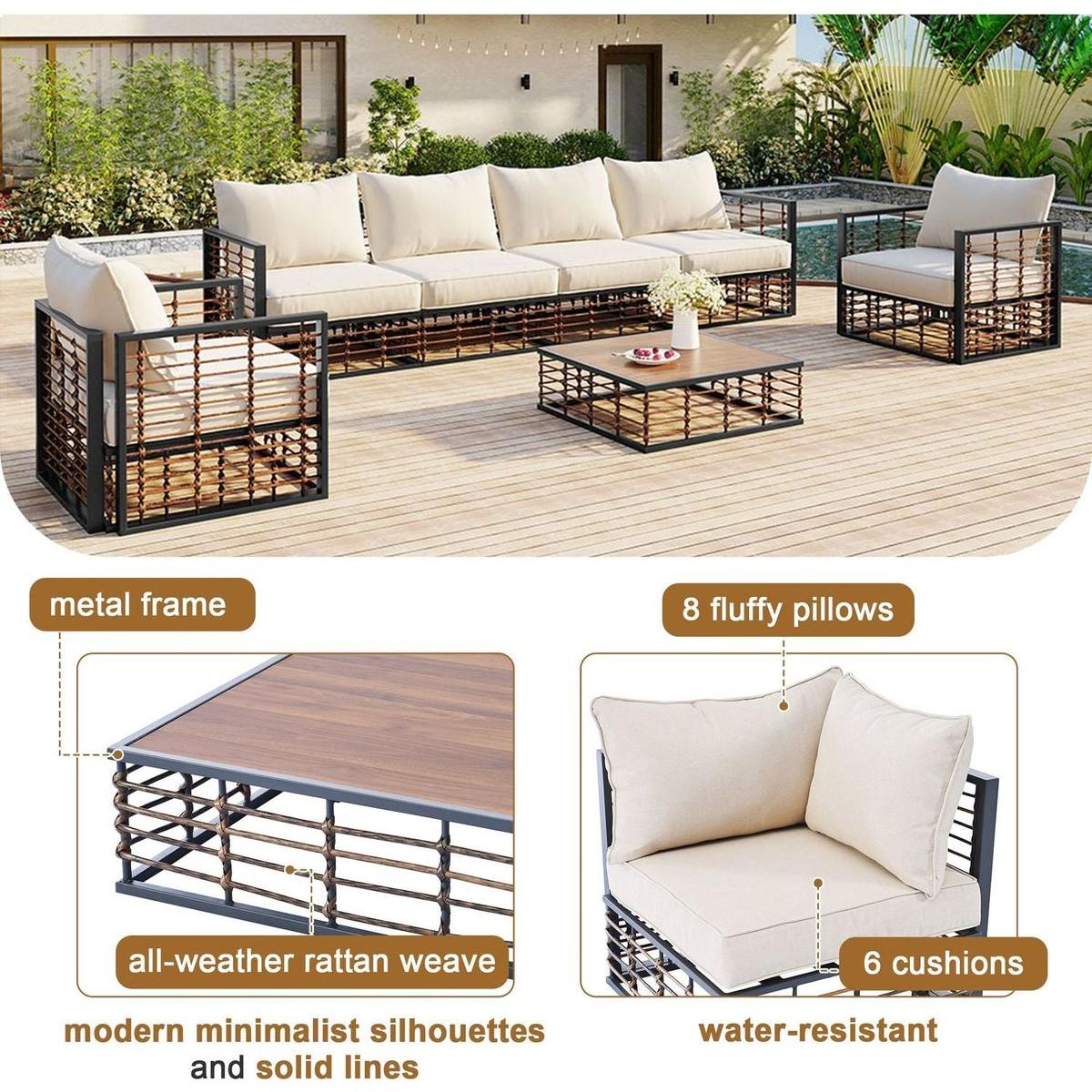 Modern Minimalist 7-Piece Metal Patio Sectional Sofa Set, All-Weather Garden Conversational Furniture Set with Thick Cushions and Coffee Table for Indoor Outdoor, Gray