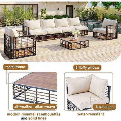 Modern Minimalist 7-Piece Metal Patio Sectional Sofa Set, All-Weather Garden Conversational Furniture Set with Thick Cushions and Coffee Table for Indoor Outdoor, Gray