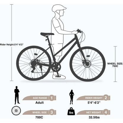 7 Speed Hybrid bike Disc Brake 700C Road Bike For men women's City Bicycle