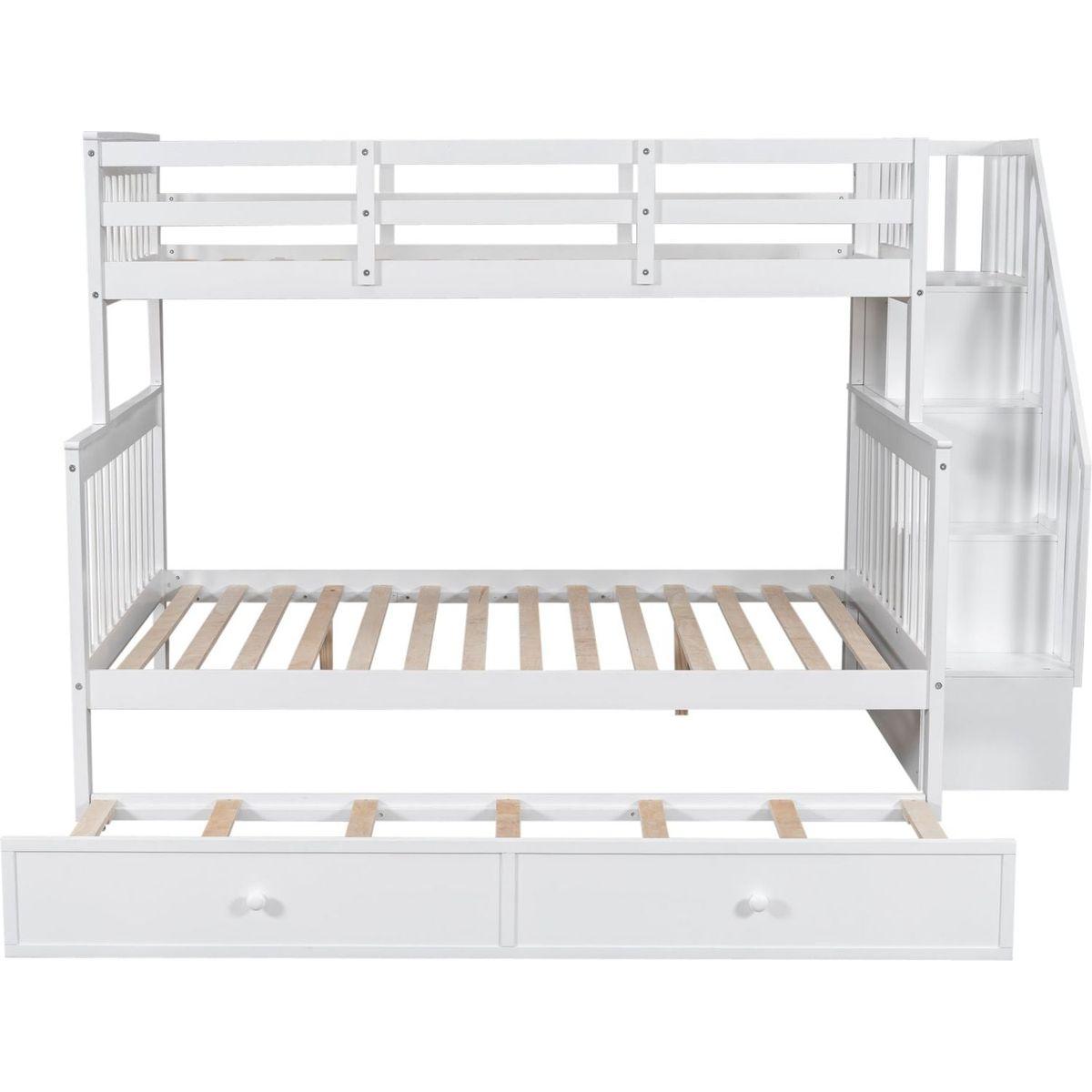 Twin-Over-Full Bunk Bed with Twin size Trundle, Storage and Guard Rail for Bedroom, Dorm, for Adults, White
