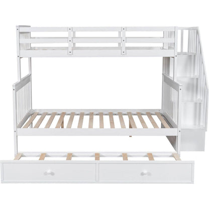 Twin-Over-Full Bunk Bed with Twin size Trundle, Storage and Guard Rail for Bedroom, Dorm, for Adults, White