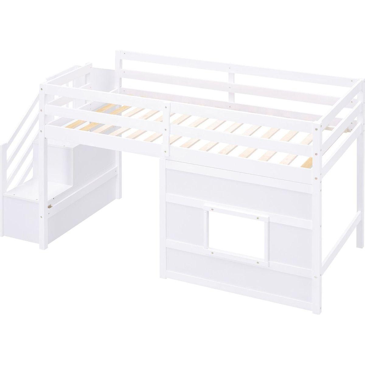 Twin Size Loft Bed with Storage Staircase and Window, White