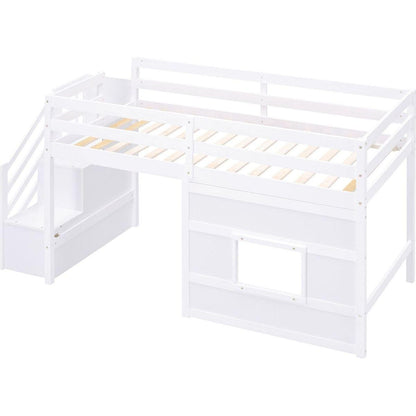Twin Size Loft Bed with Storage Staircase and Window, White