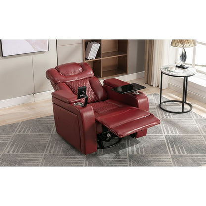 270 Degree Swivel PU Leather Power Recliner Individual Seat Home Theater Recliner with Comforable Backrest, Tray Table, Phone Holder, Cup Holder, USB Port, Hidden Arm Storage for Living Room, Red