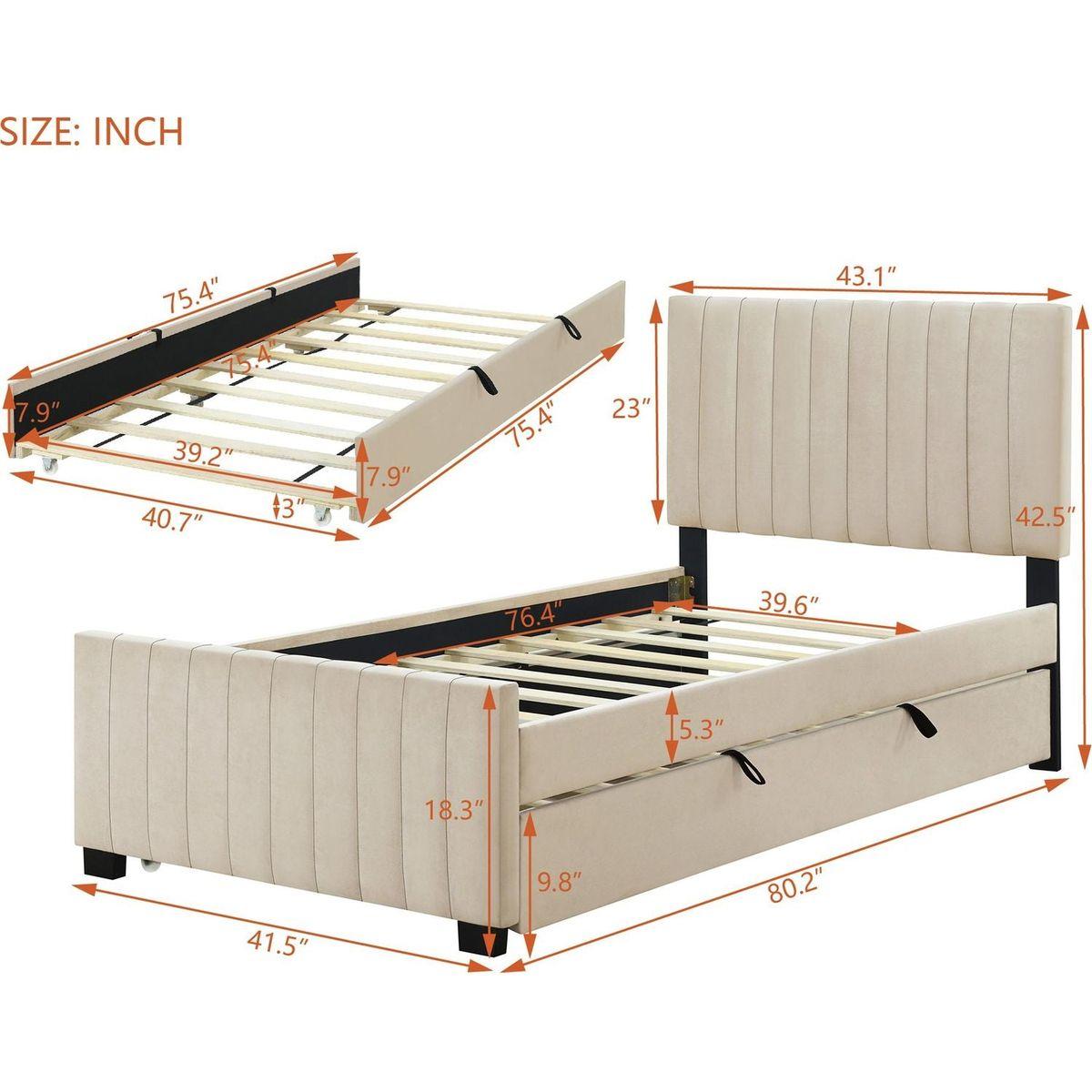 Twin Size Velvet Upholstered Platform Bed with Twin Size Trundle, Beige