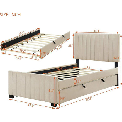 Twin Size Velvet Upholstered Platform Bed with Twin Size Trundle, Beige