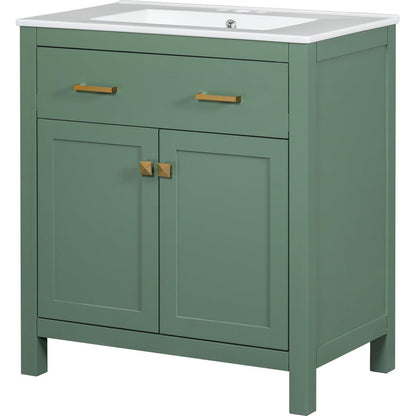 30-inch Bathroom Vanity with Ceramic Sink, Modern Green Single Bathroom Cabinet with 2 Doors and a Shelf, Soft Close Doors