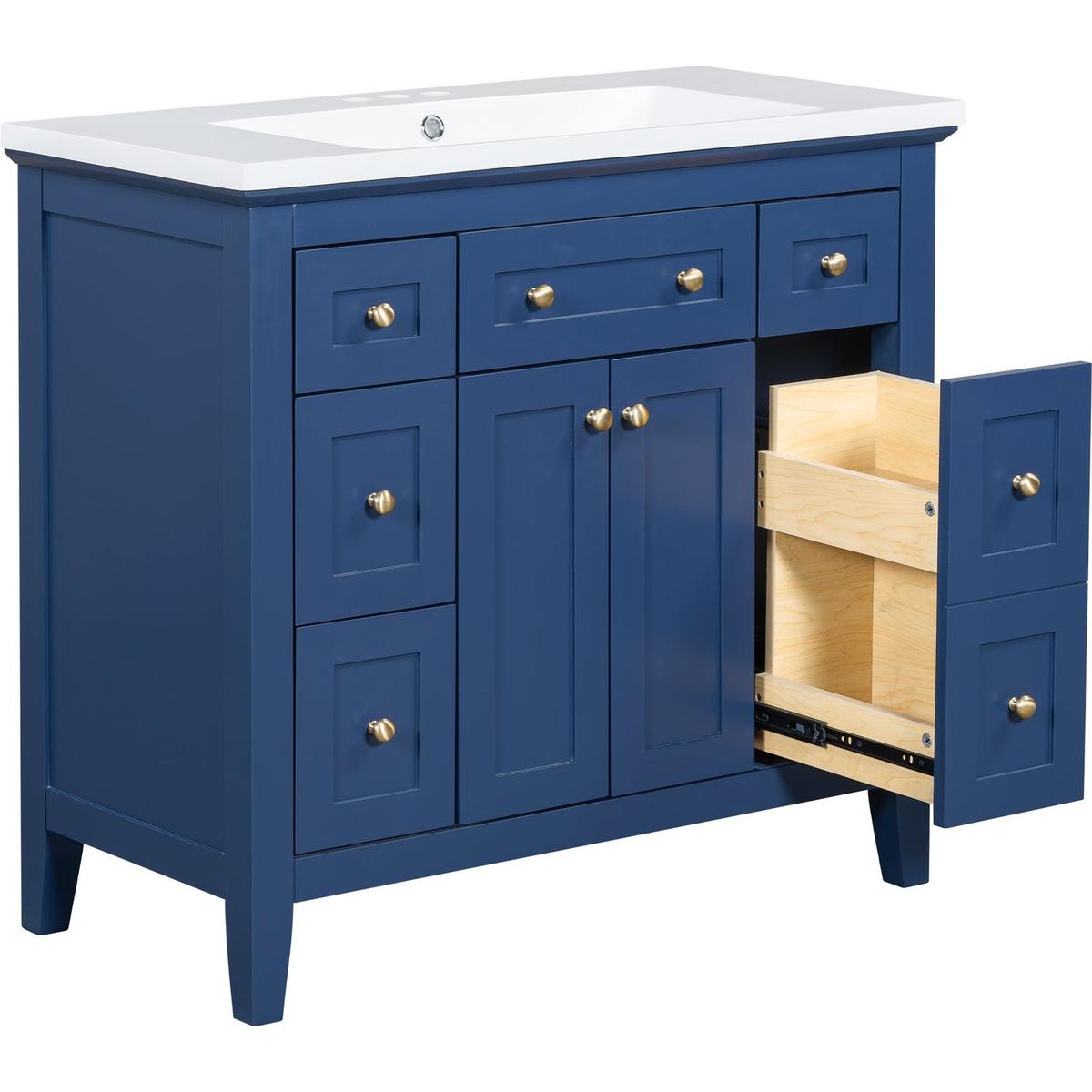 36" Bathroon Vanity with Resin Sink Combo Set, Modern Freestanding Single Bathroom Cabinet with 6 Drawers & 2 Cabinets, Storage Cabinet for Bathroom, Solid Wood Frame Vanity Set, Blue