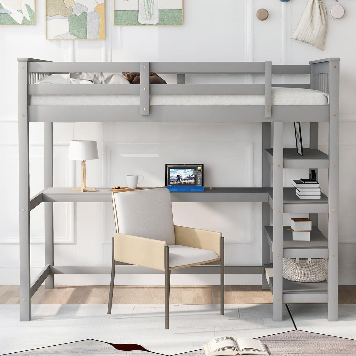 Twin Size Loft Bed with Storage Shelves and Under-bed Desk, Gray