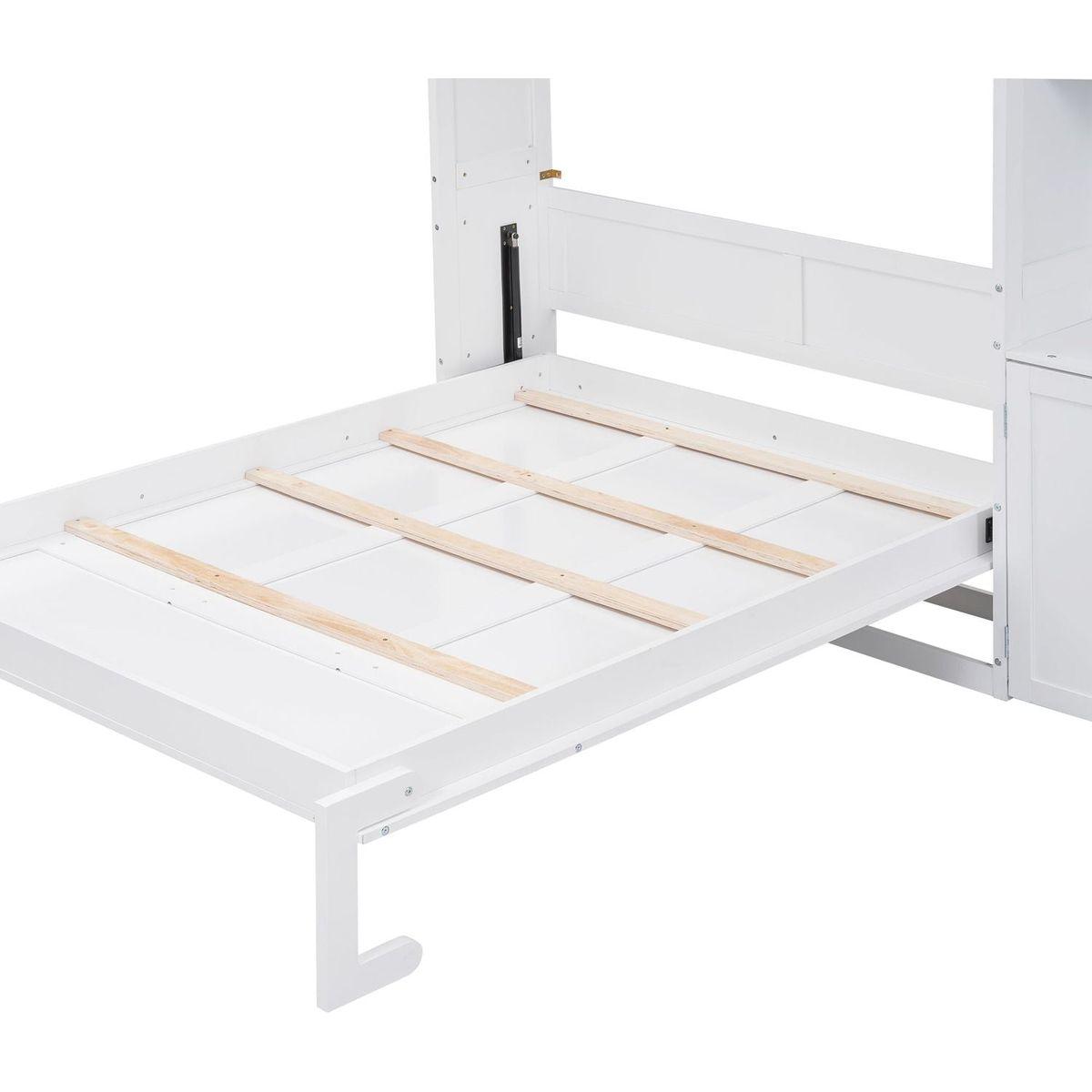 Full Size Murphy Bed with Multiple Storage Shelves and A Cabinet, White