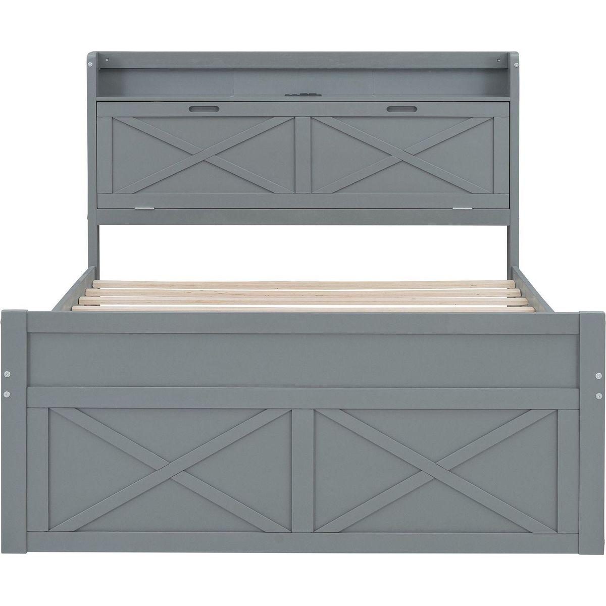 Full Size Wooden Bed with Storage Headboard with Outlets, Extendable Bed with Twin Size Trundle with Three Storage Drawers,Gray