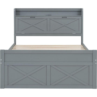 Full Size Wooden Bed with Storage Headboard with Outlets, Extendable Bed with Twin Size Trundle with Three Storage Drawers,Gray